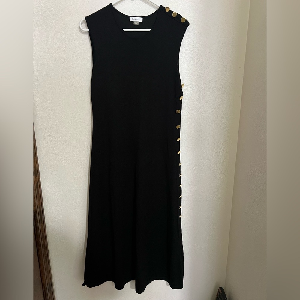 CALVIN KLEIN Classic Sleeveless Sheath Midi Dress Gold Button Detail Black Wms S